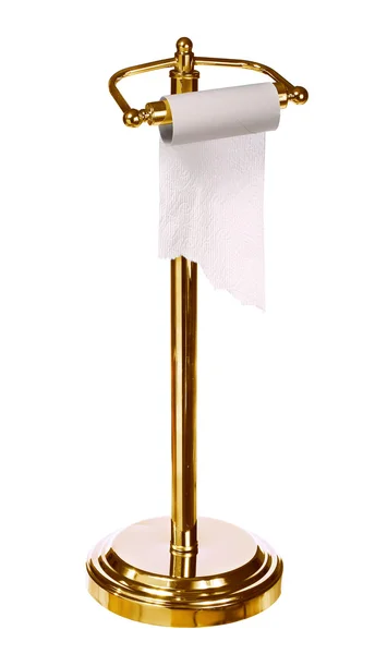 Gold toilet paper holder standing isolated on white background — Stock Photo, Image