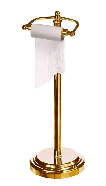 Gold toilet paper holder standing isolated on white background — Stock Photo, Image