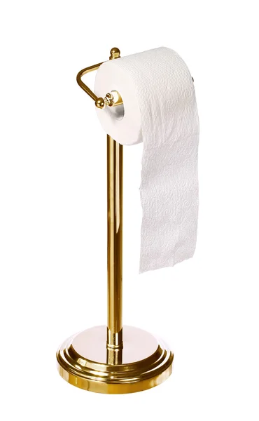 Gold toilet paper holder standing isolated on white background — Stock Photo, Image