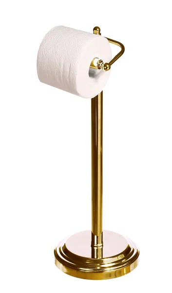 Suport de hârtie igienică de aur în picioare izolat pe fundal alb — Fotografie, imagine de stoc
