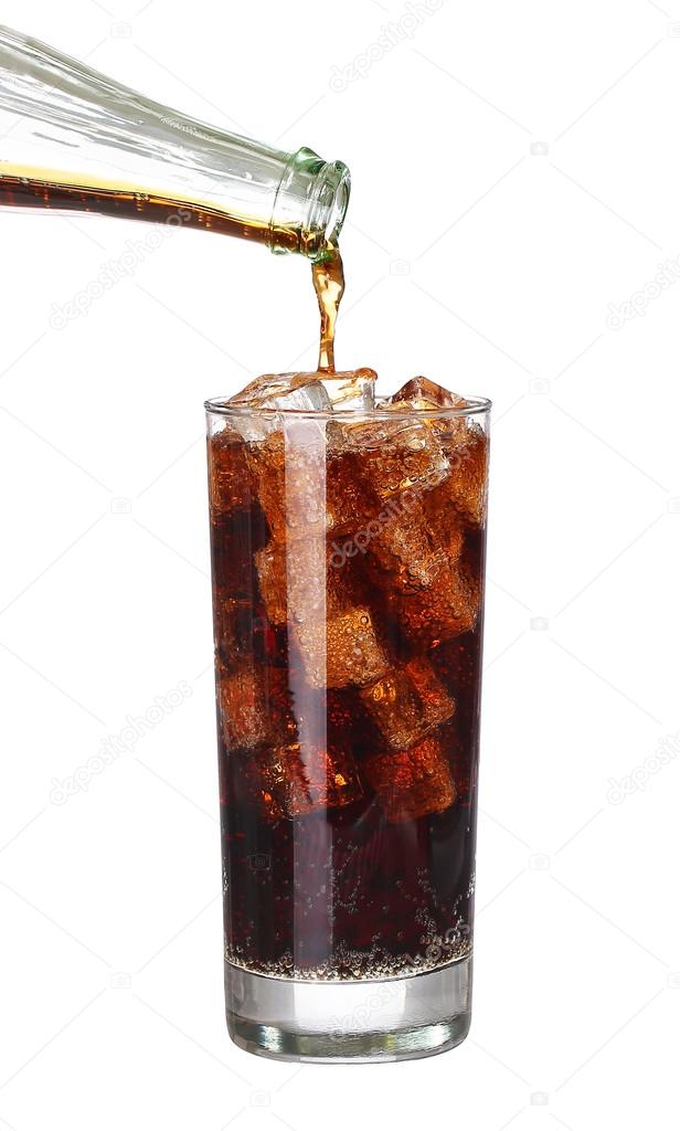 bottle pouring coke in drink glass with ice cubes Isolated on wh