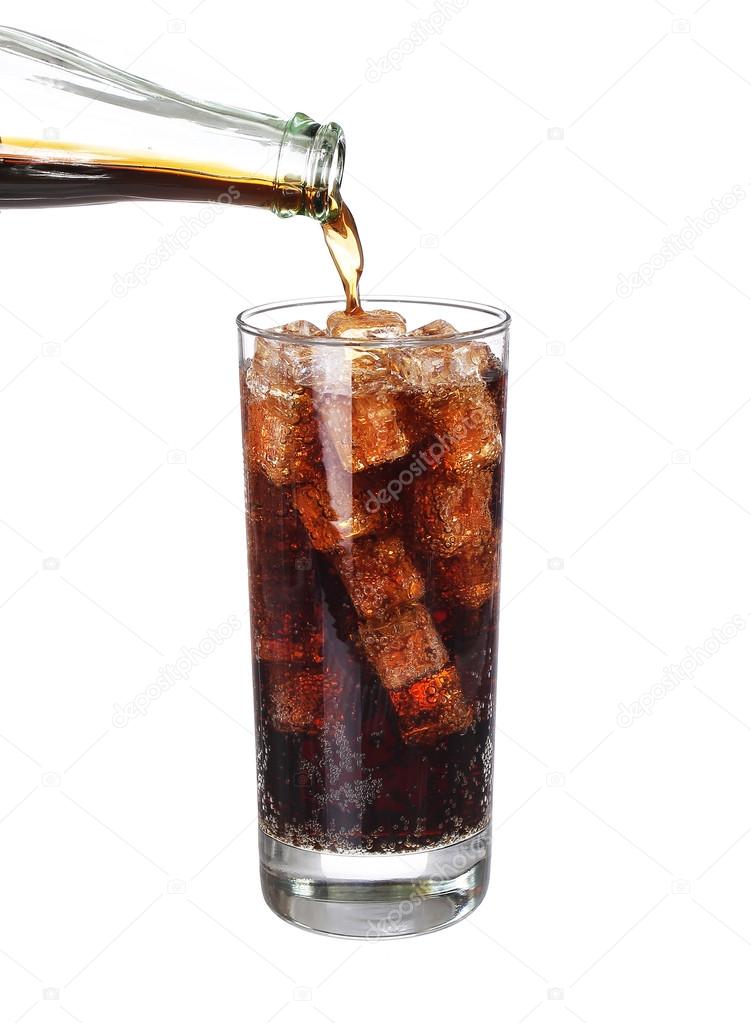 bottle pouring coke in drink glass with ice cubes Isolated on wh