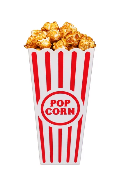 Karamell-Popcorn im gestreiften Eimer isoliert auf weißem Backgro — Stockfoto