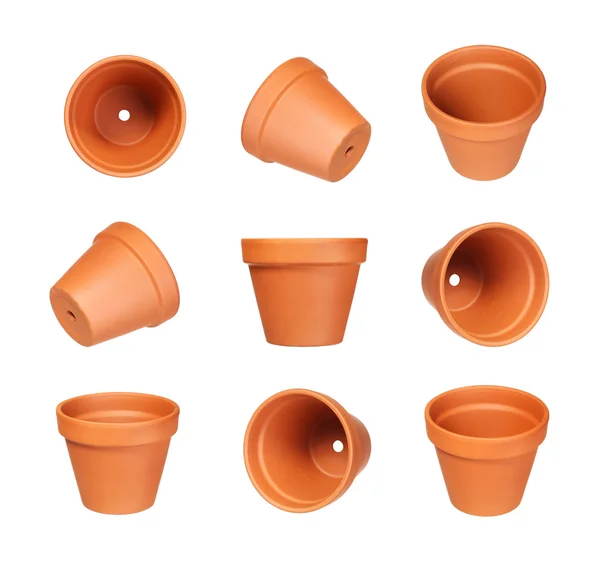 Veel verschillende positie van lege klei flower pot collectie isol — Stockfoto