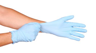 Lateks eldiven yalıtılmış nitril sınavında koyarak doktorlar eller mavi
