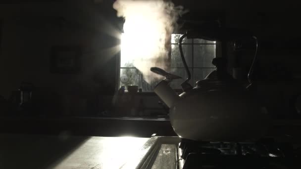 Vapeur Monte Bouilloire Thé Dans Cuisine Sombre Humide Cabine Avec — Video