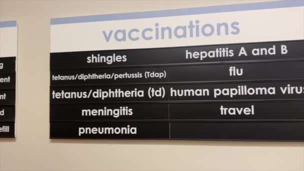 Firma Lee Una Lista Vacunas Disponibles Sala Espera Del Hospital — Vídeos de Stock