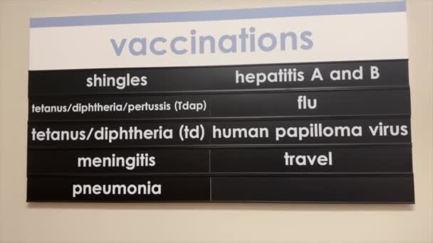 Une Liste Des Vaccins Disponibles Est Affichée Sur Affiche Pharmacie — Video