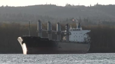Washington ve Oregon arasındaki Columbia Nehri 'nde demirli büyük bir yük gemisi var..
