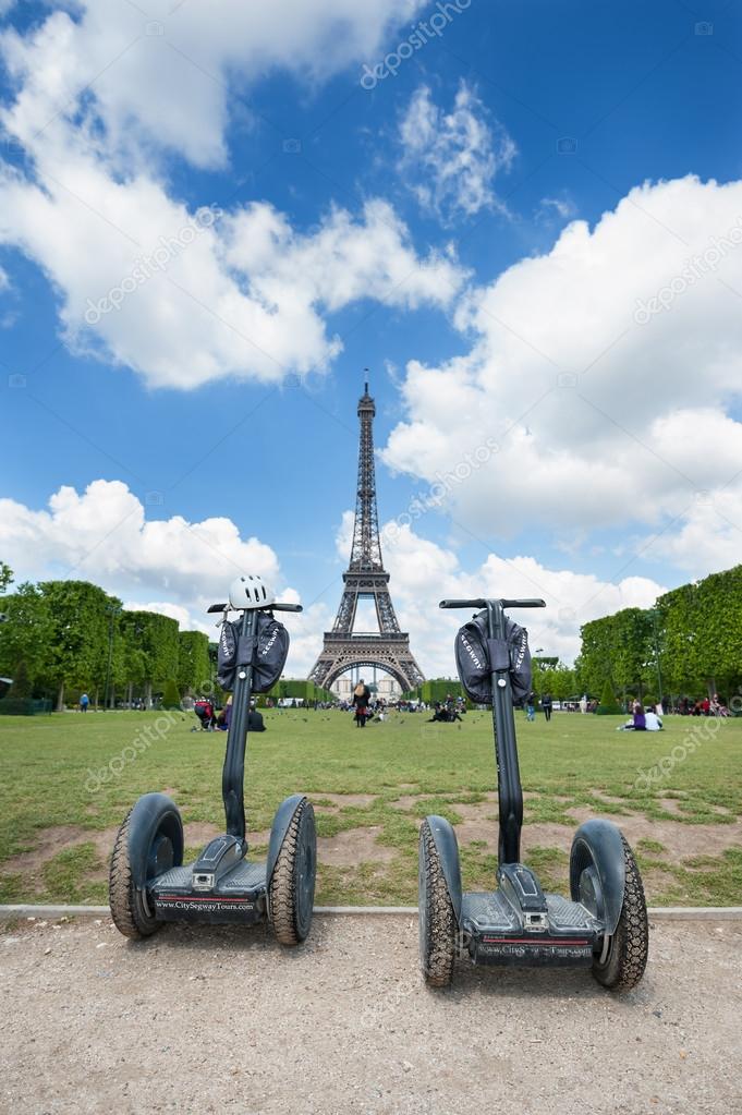 Segway parked in front the Eiffel Tower in Paris