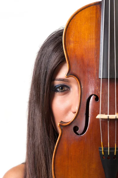 Молода дівчина зі скрипкою на білому тлі . — стокове фото