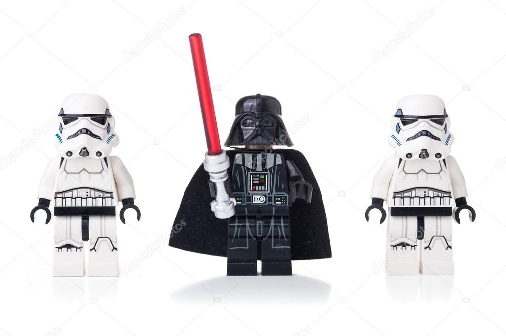 BOLOGNA, ITALY, APRIL 18, 2015. Star Wars Lego Darth Vader and Stormtroopers from movie series. Lego is a popular line of construction toys popular with kids and collectors worldwide.