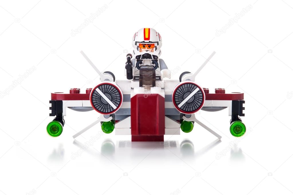 BOLOGNA, ITALY, JUNE 2, 2015. Studio shot of a Star Wars Lego Starfighter from movie series. Lego is a popular line of construction toys popular with kids and collectors worldwide.