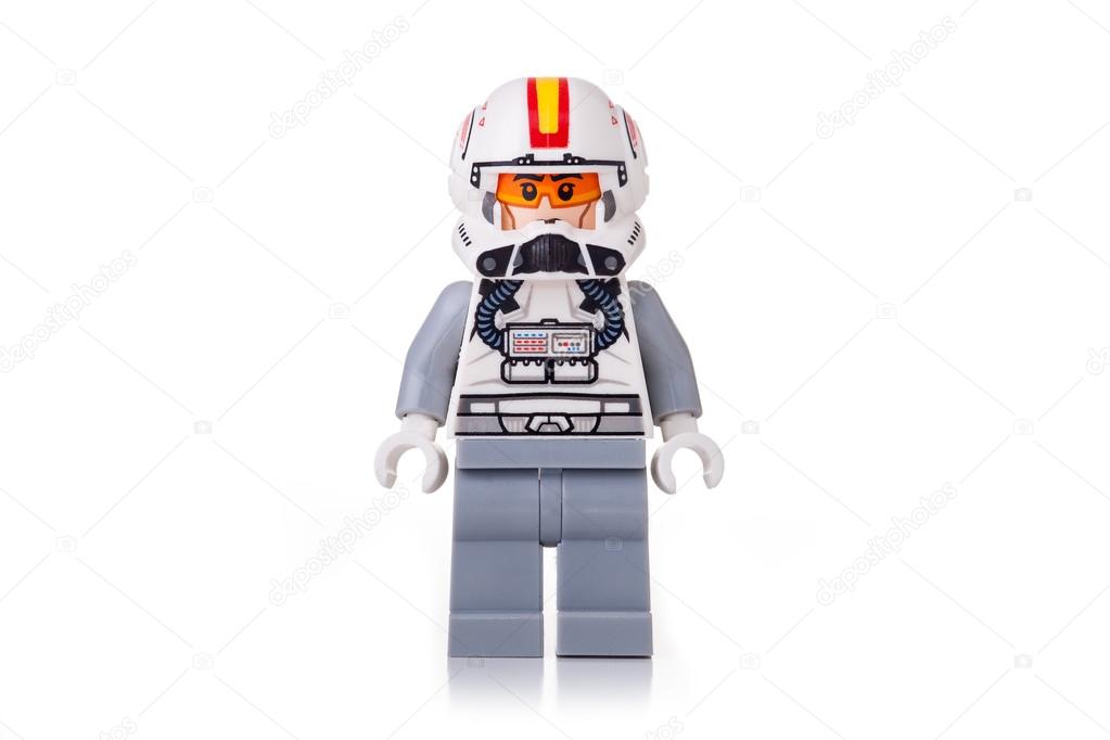 BOLOGNA, ITALY, JUNE 2, 2015. Studio shot of a Star Wars Lego Starfighter pilot minifigure from movie series. Lego is a popular line of construction toys popular with kids and collectors worldwide.