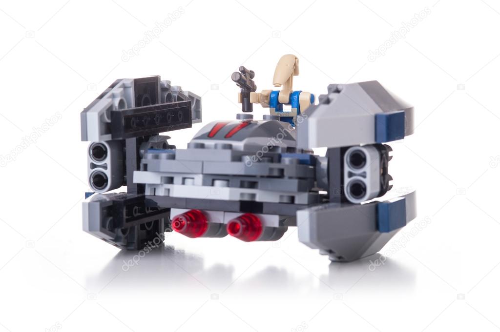 BOLOGNA, ITALY, JUNE 2, 2015. Studio shot of a Star Wars Lego Clone spaceship from movie series. Lego is a popular line of construction toys popular with kids and collectors worldwide.