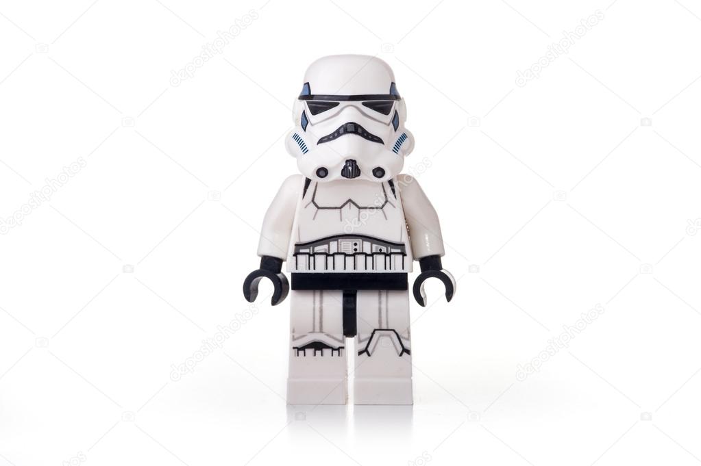 BOLOGNA, ITALY, JUNE 2, 2015. Studio shot of a Star Wars Lego Stormtrooper minifigure from movie series. Lego is a popular line of construction toys popular with kids and collectors worldwide.