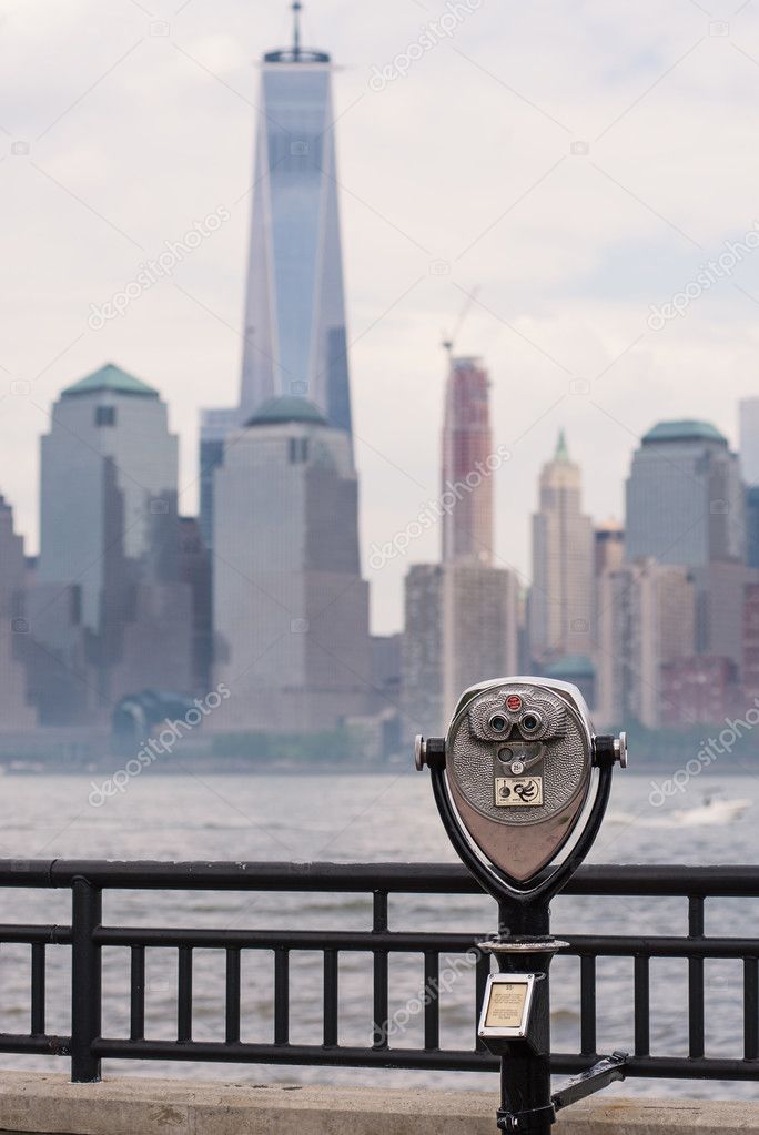 Binoculars and New York City Manhattan skyline