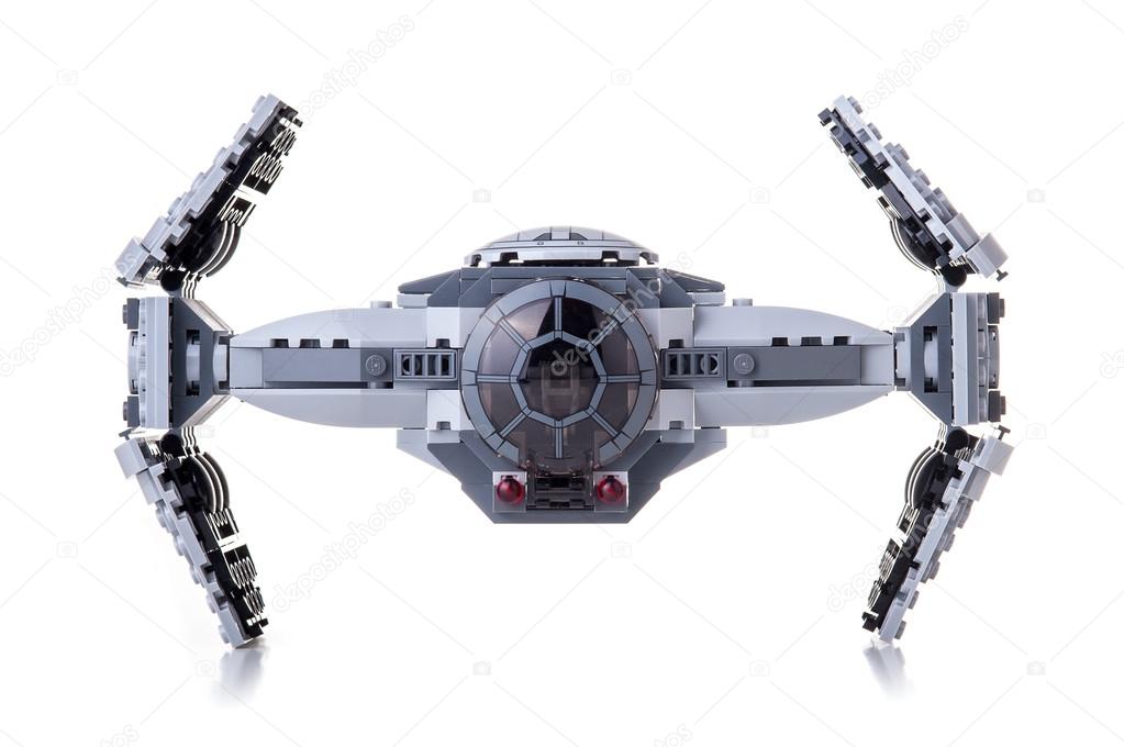 BOLOGNA, ITALY, JUNE 2, 2015. Studio shot of a Star Wars Lego TIE Advanced Prototype from movie series. Lego is a popular line of construction toys popular with kids and collectors worldwide.