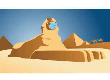 Tıbbi maskeli bir Mısır Sfenksi. Bir salgında yeni bir dünya. Coronavirüs çağında seyahat etmek.