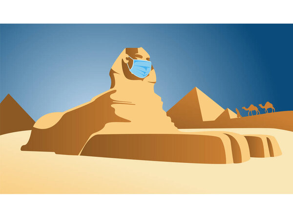 Egyptian Sphinx in a medical mask. A new world in a pandemic. Traveling in the era of coronavirus.
