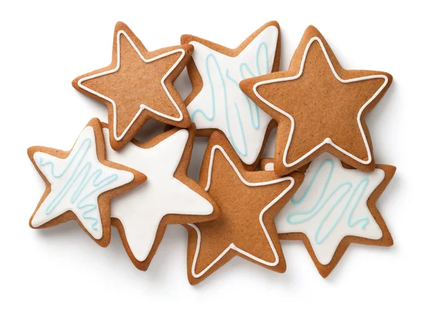 Composição Bolos Gengibre Cookies Forma Estrelas Isoladas Sobre Fundo Branco — Fotografia de Stock