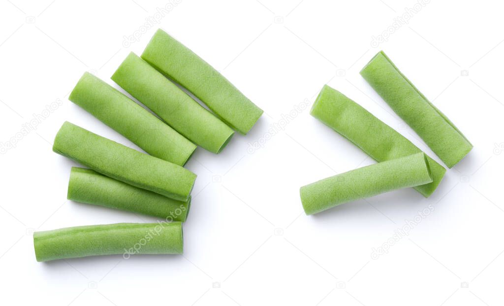 Green beans isolated on white background. View from above