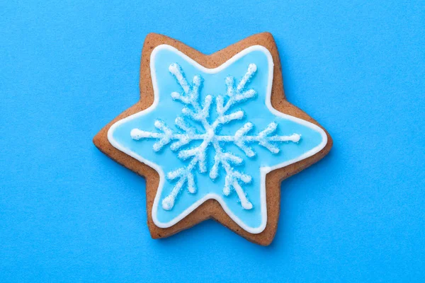 Biscoito Gengibre Natal Bonito Forma Estrela Com Floco Neve Sobre — Fotografia de Stock