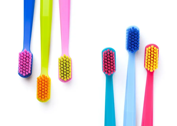 Colorful New Toothbrushes Isolated White Background Top View — Stock Photo, Image