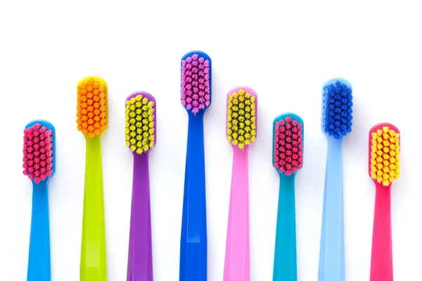 Set Multicolored Toothbrushes Isolated White Background Flat Lay Top View — Stock Photo, Image