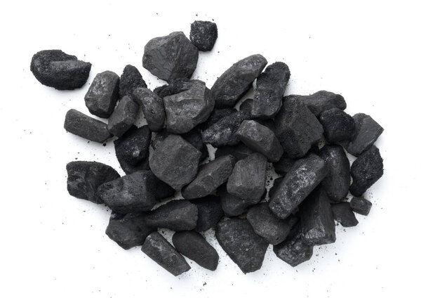 Heap of coal isolated on white background. Top view