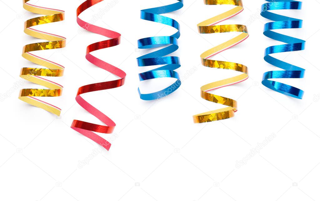Colorful curly ribbons isolated over white background. Party, birthday concept. Top view