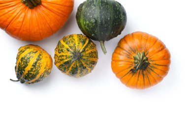 Sonbahar balkabakları beyaz arka planda izole edilmiş. Yukarıdan görüntüle