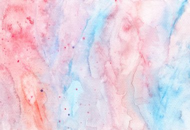 Arkaplan için soyut suluboya dokusu. Parlak kırmızı, pembe ve mavi renkler. Çok katmanlı el çizimi illüstrasyon