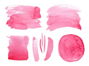 Beyaz arka planda izole edilmiş suluboya pembe fırça darbeleri. El boyası tasarım elementleri