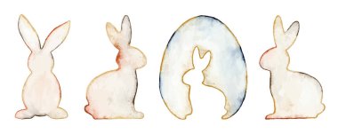 Beyaz arka planda izole edilmiş suluboya paskalya tavşanları koleksiyonu. Vektör 10