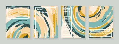 Dönen kasırga etkisi desenli suluboya soyut vektör arkaplanları. Kartlar modern renklerde şablon şeklinde. Renk trendleri 2021. Yelken şampanyası, orkinos altını, gelgit suyu yeşili. Eps 10