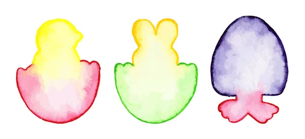 Acquerello Simboli Pasquali Pulcino Coniglietto Gusci Uovo Isolato Sfondo Bianco — Vettoriale Stock