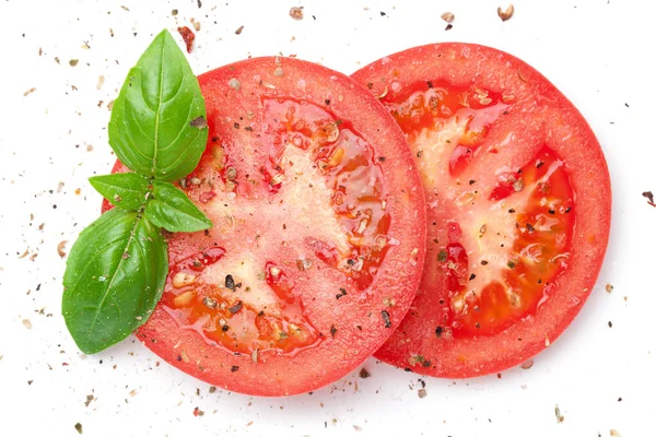 Tomates Vermelhos Fatiados Polvilhados Com Pimenta Moída Hora Coberta Com — Fotografia de Stock