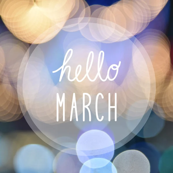 Hallo maart groet op bokeh Lights — Stockfoto