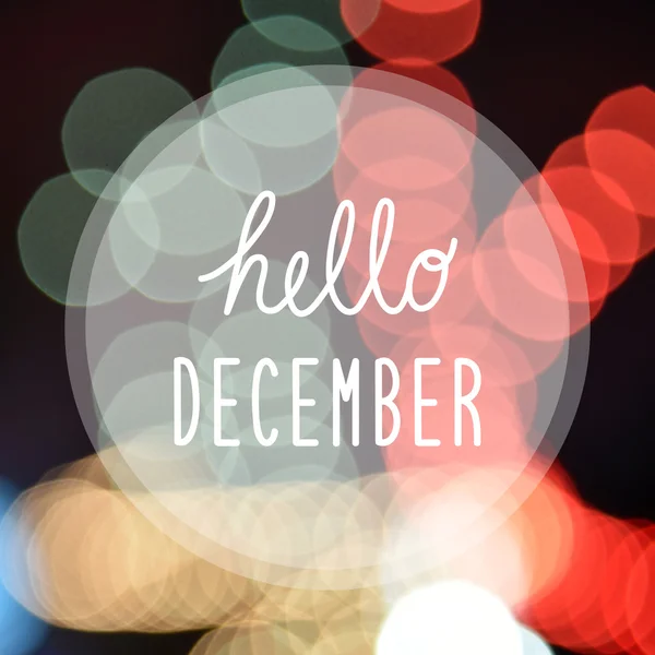 Hola diciembre saludo en las luces bokeh — Foto de Stock