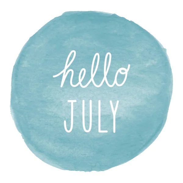 Hej juli hälsningen blue akvarell bakgrunden — Stockfoto