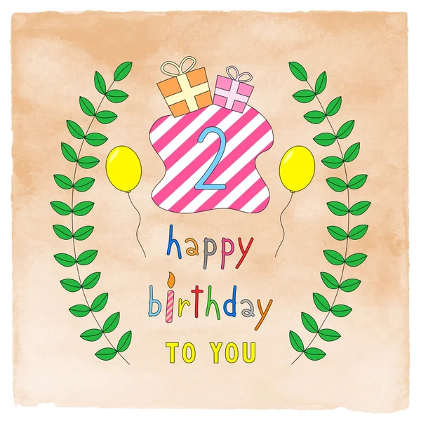 Happy second birthday card on orange watercolor — Stock Photo, Image