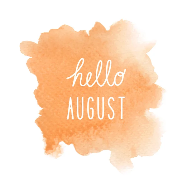 Hello August greeting with orange watercolor background — Stock Photo, Image