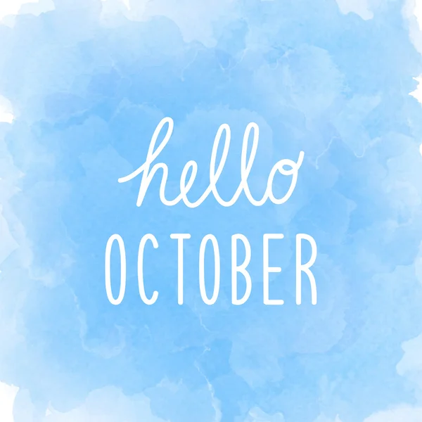 Olá outubro saudação no fundo aquarela azul abstrato — Fotografia de Stock