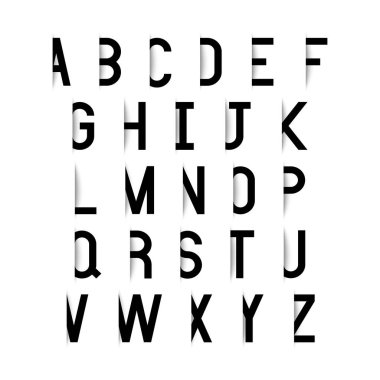 Beyaz arka plan üzerinde gölge etkisi olan siyah alfabe harfleri. Vektör illüstrasyonu.