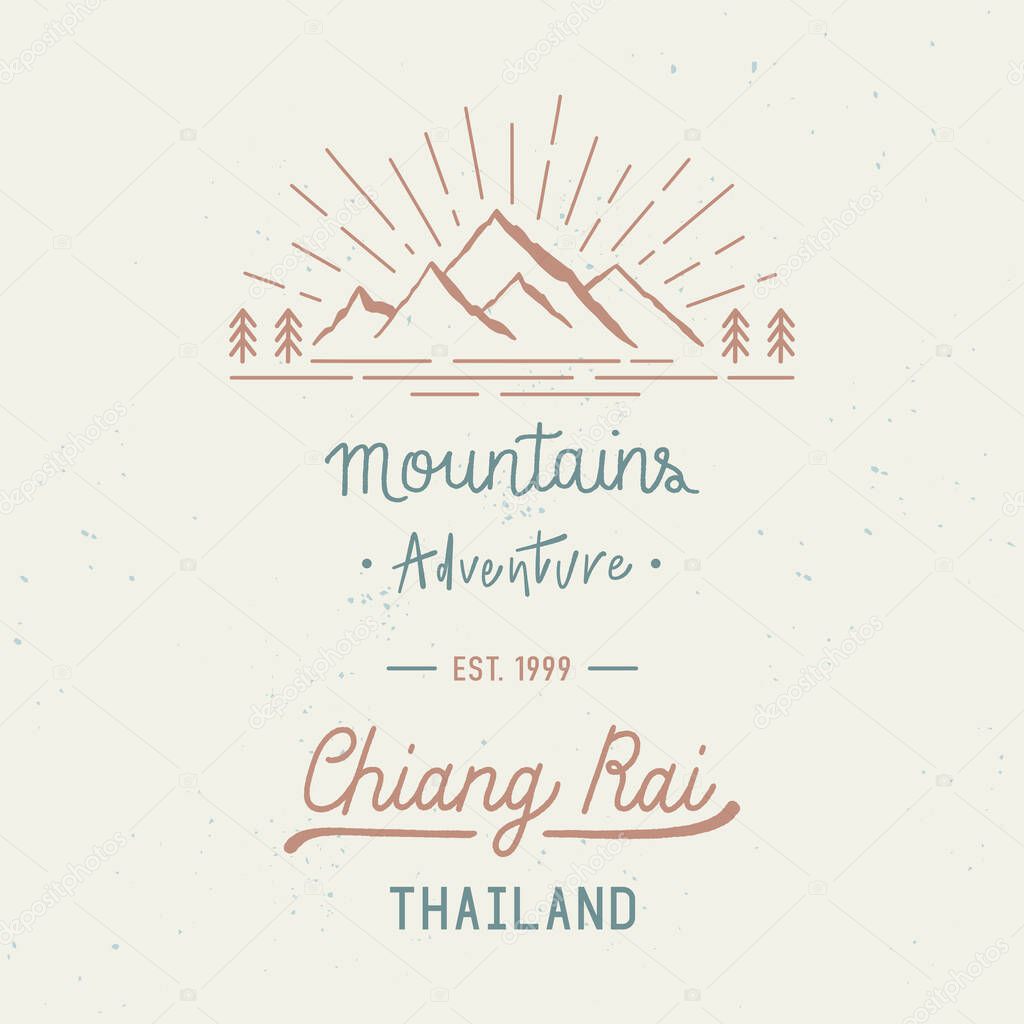 Mountains Adventure with Chiang Rai hand lettering. City name in the northern province of Thailand. Travel concept with abstract watercolor splatters