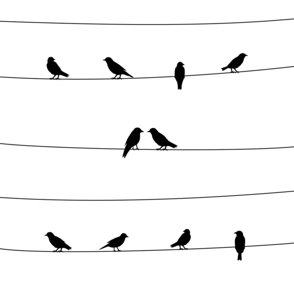 Kablodaki Kuşların Silueti Vektör Illüstrasyonu — Stok Vektör