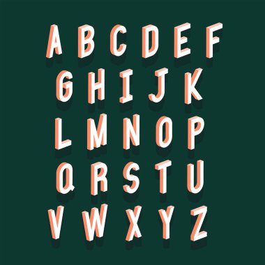 3D izometrik efektli alfabe harfleri. Vektör illüstrasyonu.