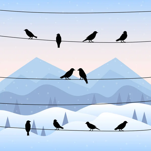 Silhouette Birds Wires Winter Background Vector Illustration — Stock Vector