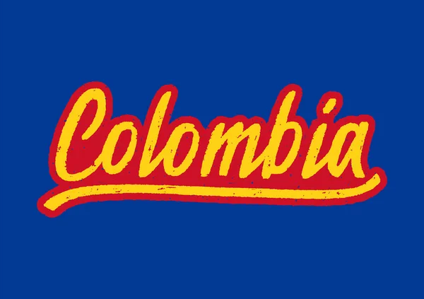 Kolumbia Ręczne Napisy Abstrakcyjnymi Czerwonymi Żółtymi Kolorami Niebieskim Tle — Wektor stockowy